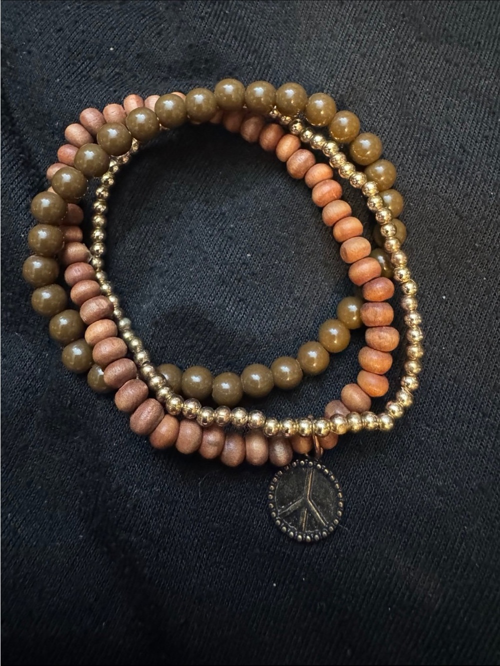 Beaded Three Multi-Strand Peace Charm Bracelet - Olive Green & Copper